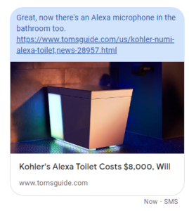SMS message with text "Great, now there's an Alexa microphone in the bathroom too"